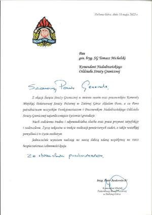 Życzenia skierowane przez Komendanta Miejskiego PSG w Zielonej Górze 