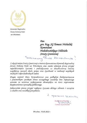 Życzenia skierowane przez Komendanta Regionu SOK we Wrocławiu 