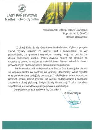 Życzenia skierowane przez Nadleśniczego Nadleśnictwa Cybinka 