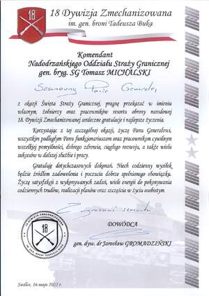 Życzenia skierowane przez Dowódcę 18 Dywizji Zmechanizowanej 
