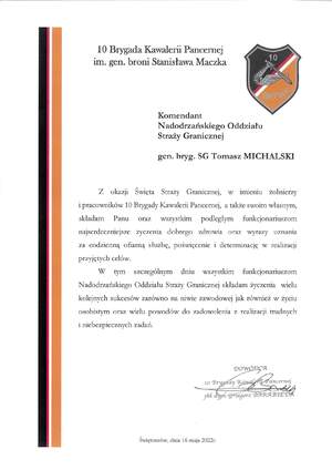 Życzenia skierowane przez Dowódcę 10 Brygady Kawalerii Pancernej 