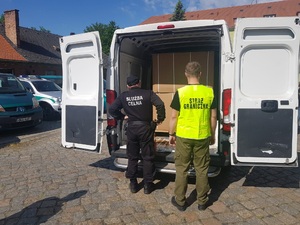 Straż Graniczna i KAS zatrzymały 1 350 kilogramów tytoniu do palenia funkcjonariusz Straży Granicznej oraz KAS obaj w mundurach stoją przodem do otwartego busa, w którym znajduje się zatrzymana krajanka tytoniowa