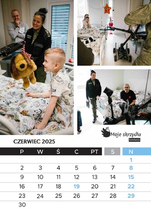 Kalendarz Fundacji Moje Skrzydła przedstawiający dzieci na wydziale onkologicznym poznańskiego szpitala wraz z przedstawicielami różnych służb mundurowychch Kalendarz Fundacji Moje Skrzydła przedstawiający dzieci na wydziale onkologicznym poznańskiego szpitala wraz z przedstawicielami różnych służb mundurowych