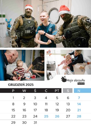 Kalendarz Fundacji Moje Skrzydła przedstawiający dzieci na wydziale onkologicznym poznańskiego szpitala wraz z przedstawicielami różnych służb mundurowychch Kalendarz Fundacji Moje Skrzydła przedstawiający dzieci na wydziale onkologicznym poznańskiego szpitala wraz z przedstawicielami różnych służb mundurowych