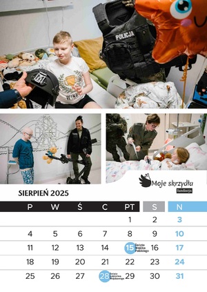 Kalendarz Fundacji Moje Skrzydła przedstawiający dzieci na wydziale onkologicznym poznańskiego szpitala wraz z przedstawicielami różnych służb mundurowychch Kalendarz Fundacji Moje Skrzydła przedstawiający dzieci na wydziale onkologicznym poznańskiego szpitala wraz z przedstawicielami różnych służb mundurowych